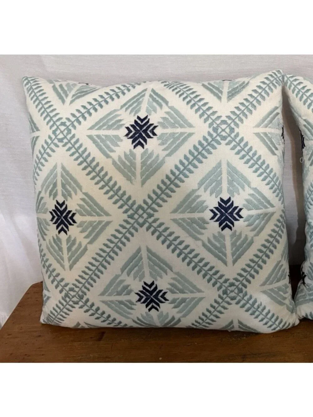 2 Envogue Seafoam Green Cream Navy Blue Embroidered 18X18 BOHO Throw Pillows